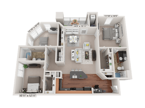 Floor plan for 3 beds, 2 baths, 1378 sqft